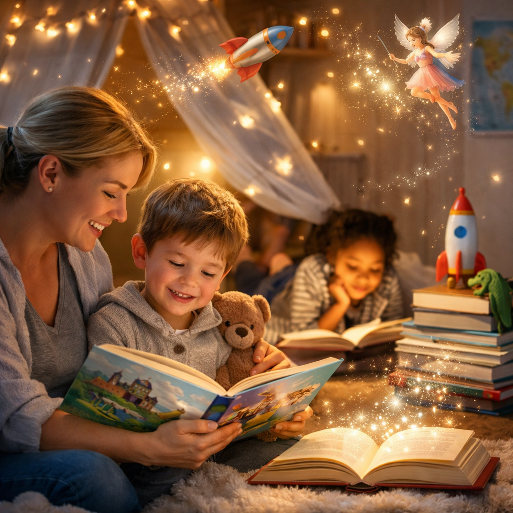 Parent reading a colorful children's book to a young child at bedtime while another child reads nearby, surrounded by warm lights and imaginative storybook elements.