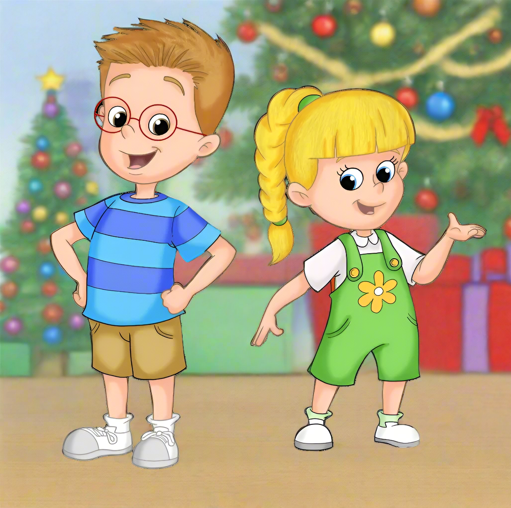 Cartoon kids standing in front of a decorated Christmas tree with gifts, celebrating the holiday season.