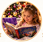 Girl reading beside a Christmas tree
