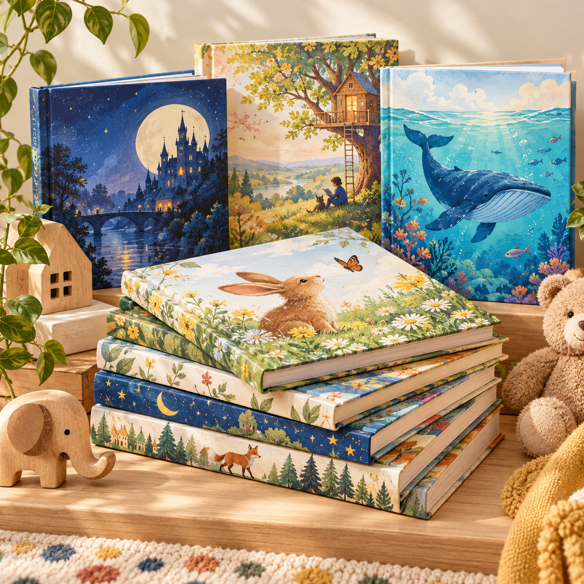 Illustrated children's books arranged on a sunlit shelf