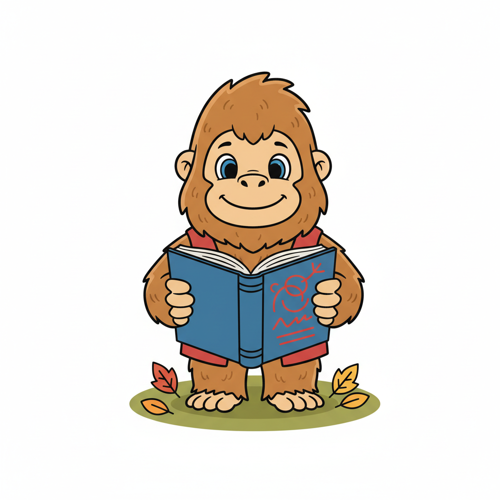 Wooden Bigfoot statue in a forest setting promoting Bigfoot Books collection with adventure and mystery themes.