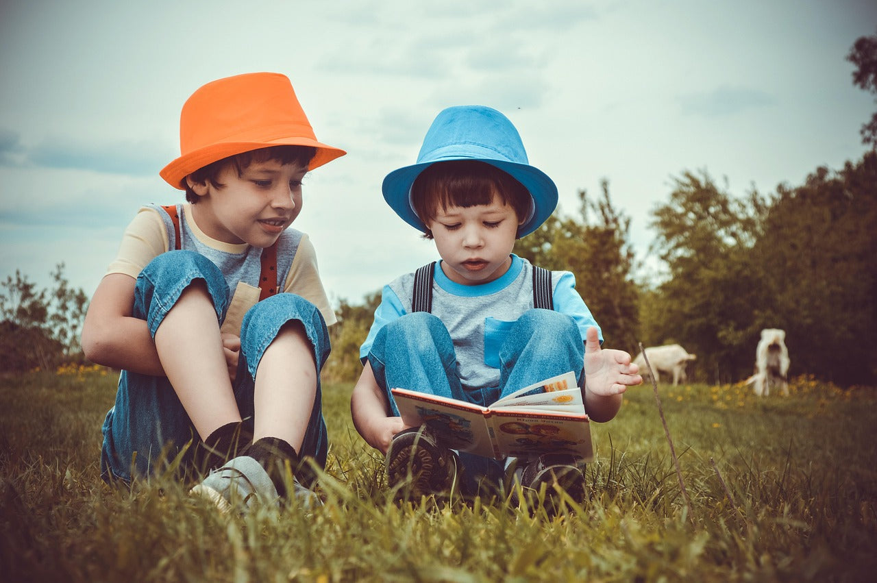 Two young boys sitting on grass reading a Nature Board Book outdoors, learning about animals and nature.