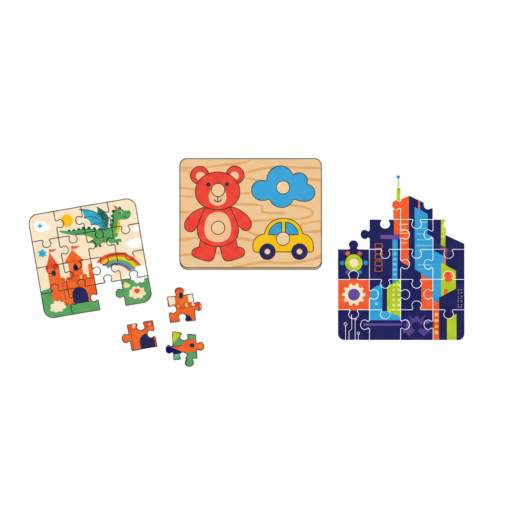 Close-up of colorful jigsaw puzzle pieces scattered on a table, perfect for family game night and puzzle enthusiasts.