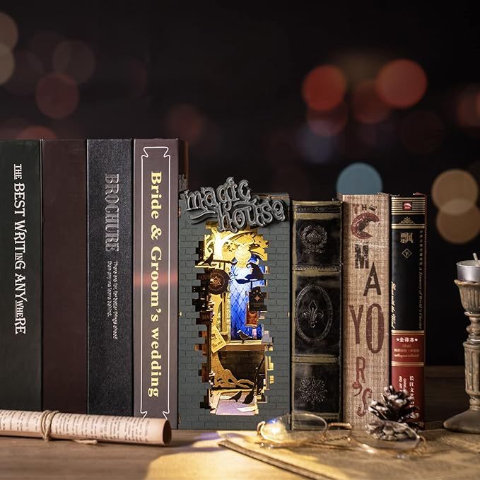 ROBOTIME Rolife DIY Book Nook Kit Bookend Stand Bookshelf Insert Bookcase Miniature Doll House Light 3D Puzzles TGB01-09 - Cindi Book