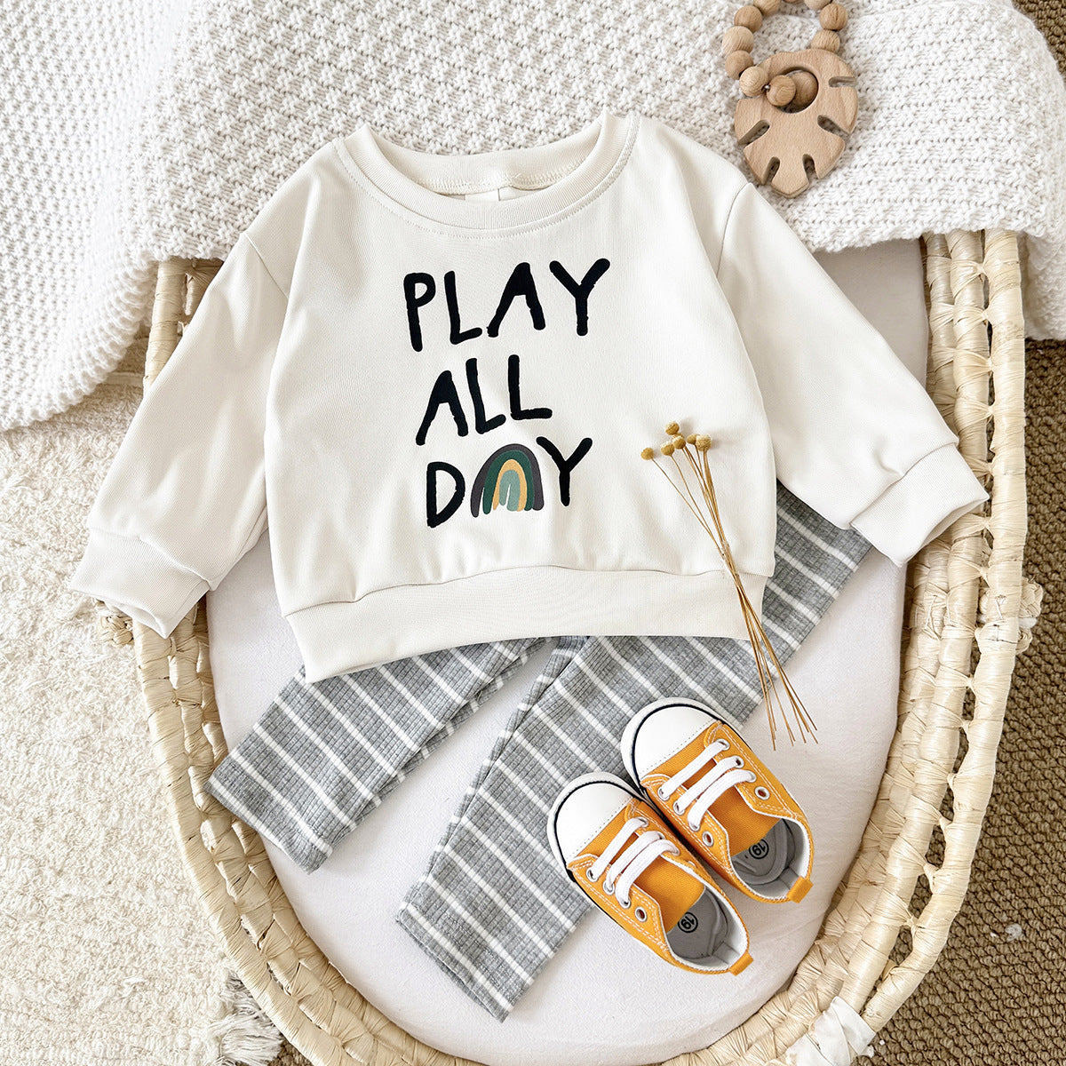 Loose Children's Clothing Letter Print Round Neck Long Sleeve Striped Trousers Suit - Cindi Book