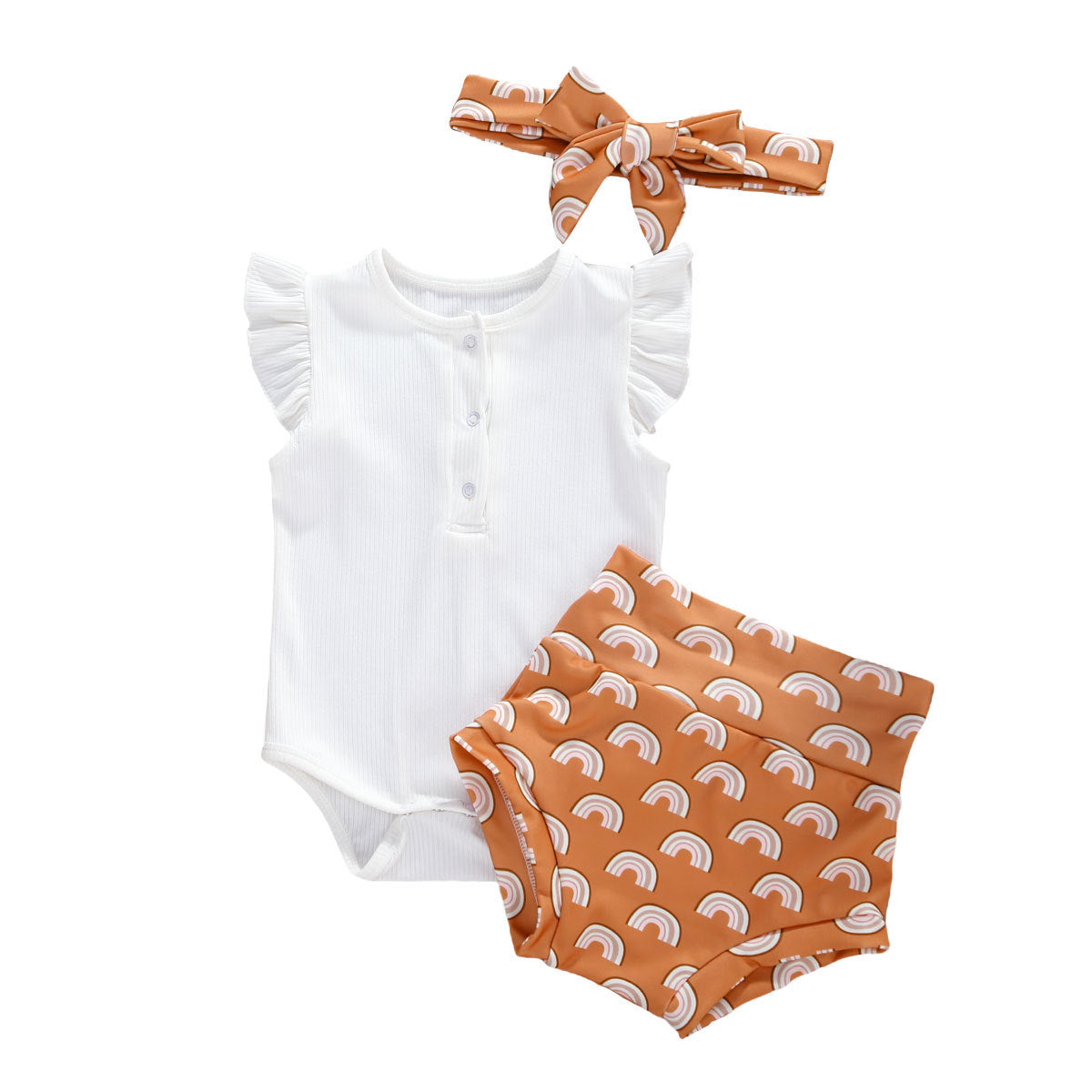 Infant And Toddler Suits Baby Girl Dark Button White Top  Printed Shorts Suit Thre-piece Set - Cindi Book
