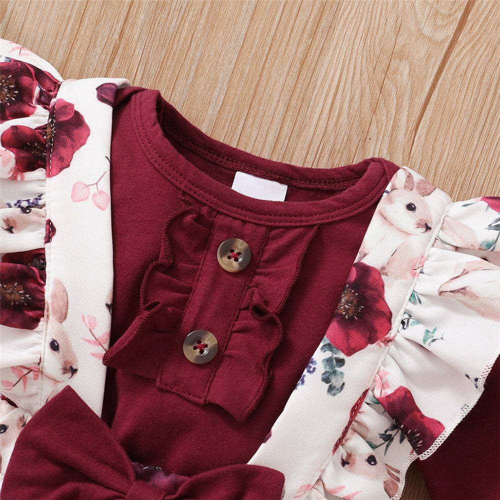Long-sleeve Jumpsuit Floral Suspender Pants Headscarf Three-piece Set - Cindi Book