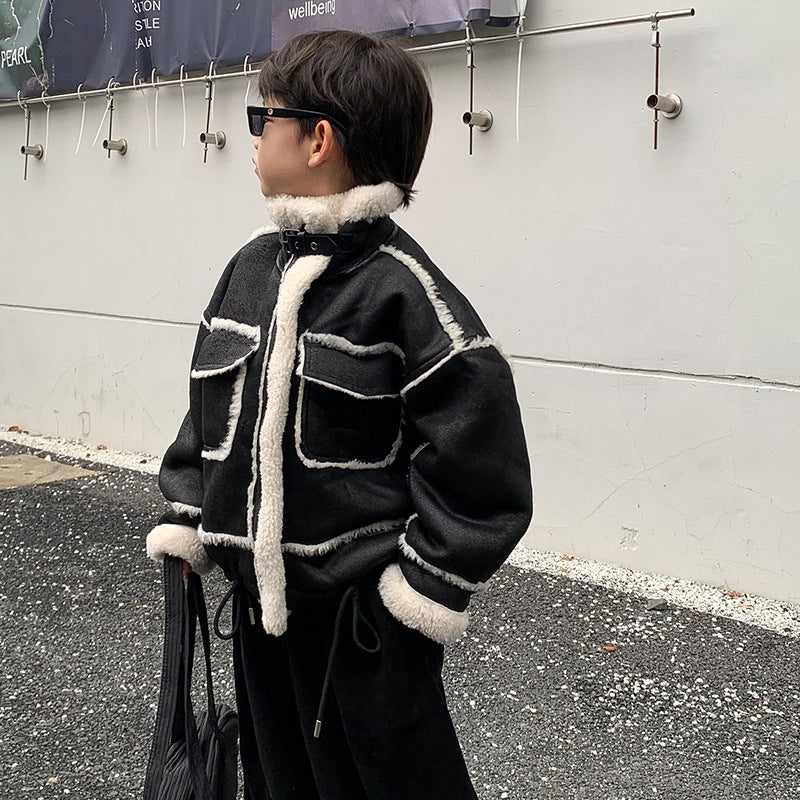 Boys Leather Jacket Fleece Padded Coat Autumn and Winter Clothing