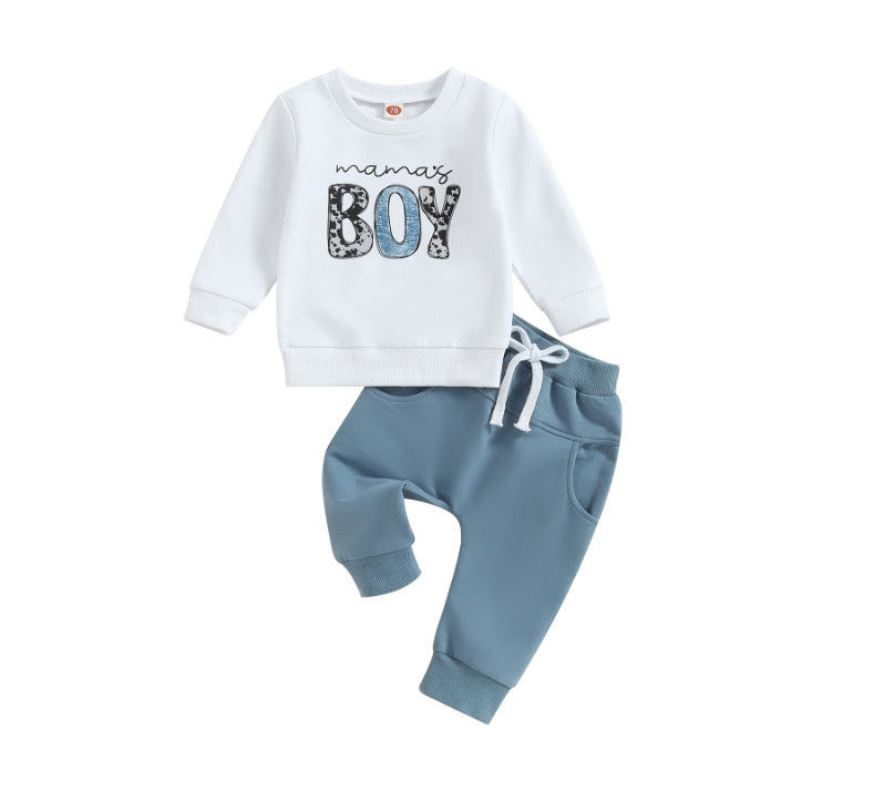 Sports Style Boys Letter Floral Print Long Sleeve Pullover Trousers Set
