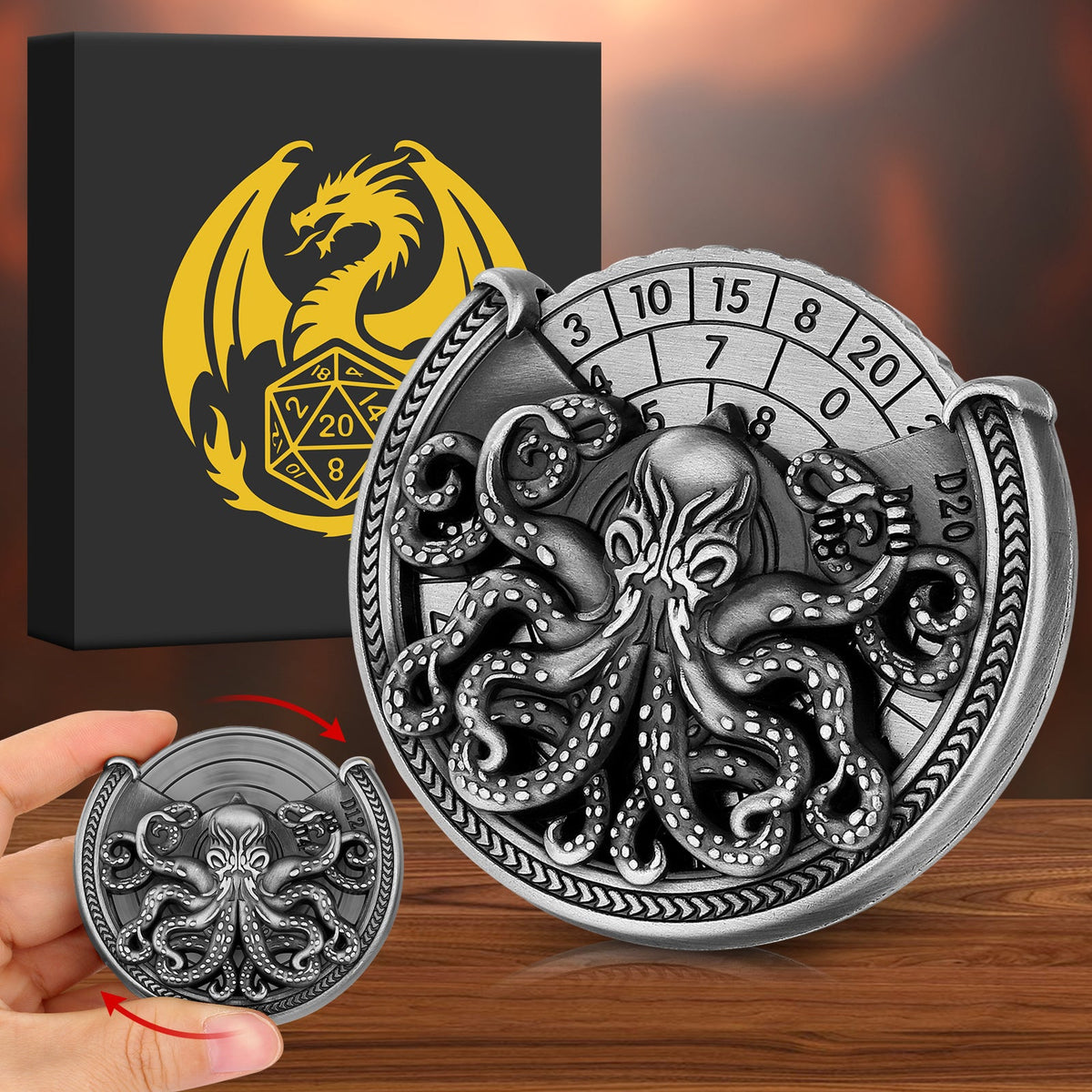 Vintage Kesulu Style, Super Refined Metal Octopus Dice Turntable Gift Box, Immersive Board Game Experience, D20 Random Surprise, Necessary Props For D&D Team - Cindi Book
