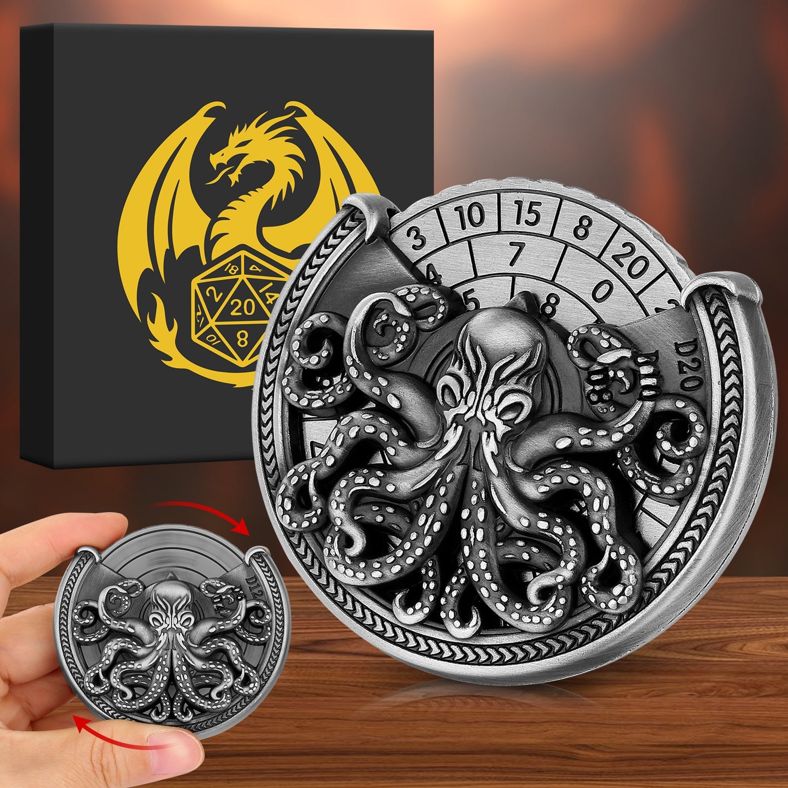 Vintage Kesulu Style, Super Refined Metal Octopus Dice Turntable Gift Box, Immersive Board Game Experience, D20 Random Surprise, Necessary Props For D&D Team - Cindi Book