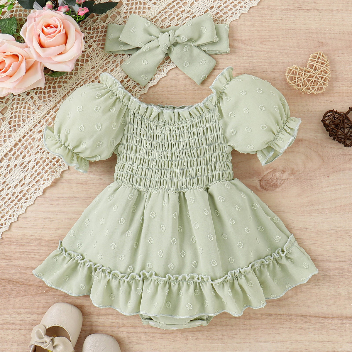 Three-color Jacquard Skirt Cute Puff Sleeve One-piece Rompers Jumpsuit With Headscarf - Cindi Book