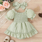 Three-color Jacquard Skirt Cute Puff Sleeve One-piece Rompers Jumpsuit With Headscarf - Cindi Book