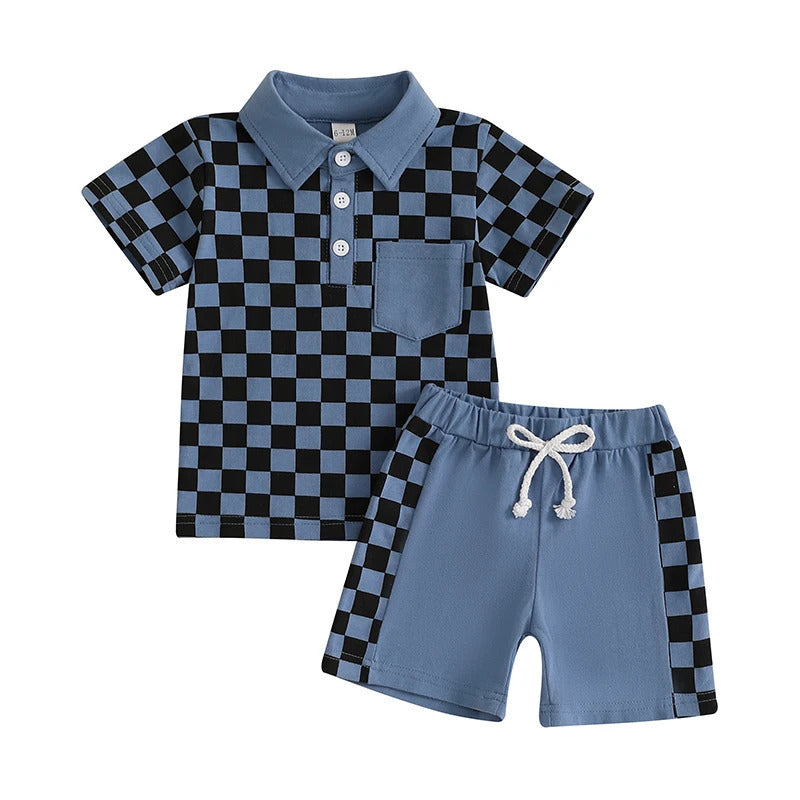 Boys' Lapel Plaid Short Sleeve T-shirt Shorts Set - Cindi Book