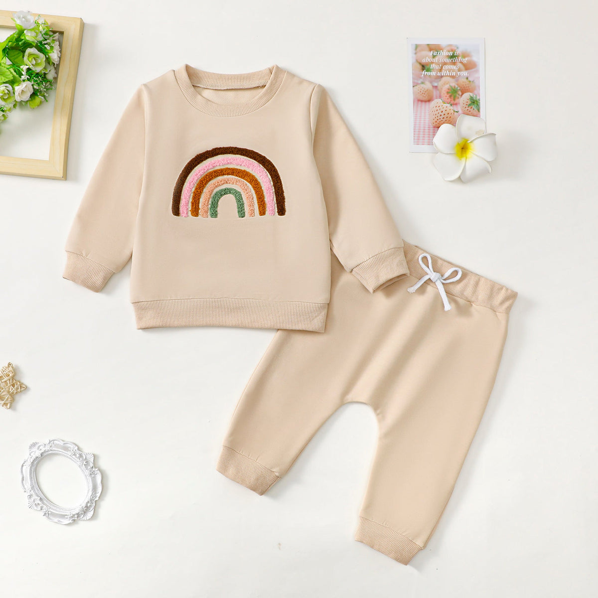 Children's Four-color Towel Embroidery Rainbow Long-sleeved Shirt Fake Drawstring Trousers Two-piece Set - Cindi Book