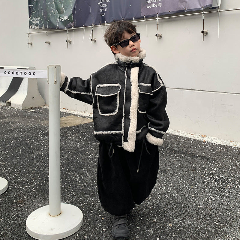 Boys Leather Jacket Fleece Padded Coat Autumn and Winter Clothing