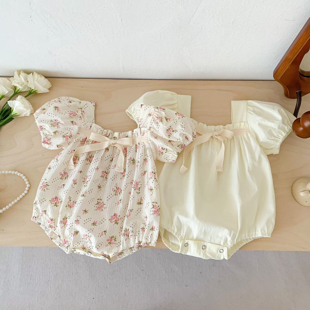 Small Floral Bow Baby Girl Bubble Sleeve Harness Crawl Clothes - Cindi Book