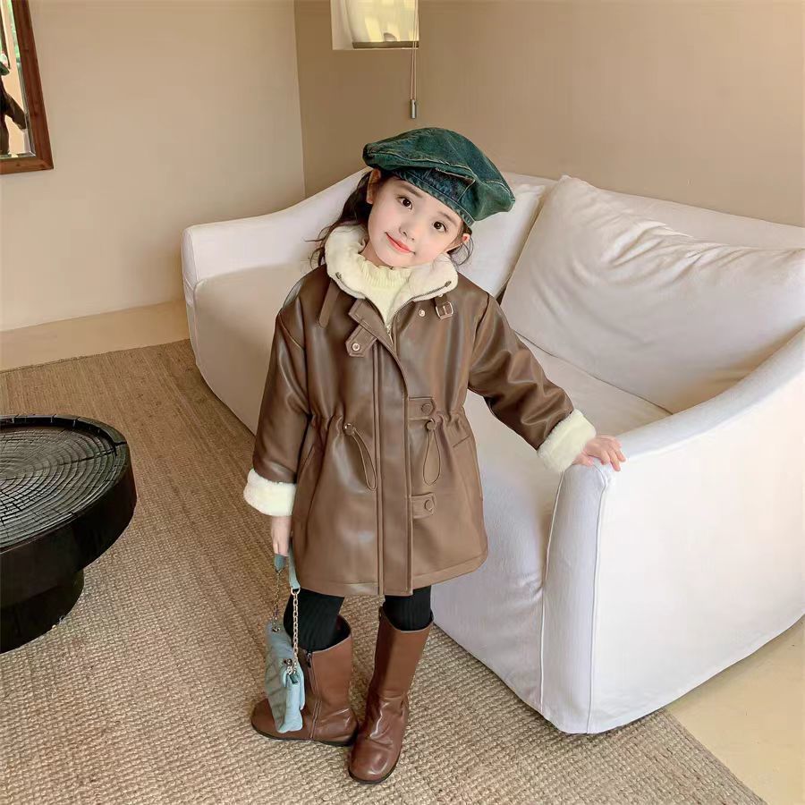 Girls' Winter Fleece-lined Medium Leather Coat - Cindi Book