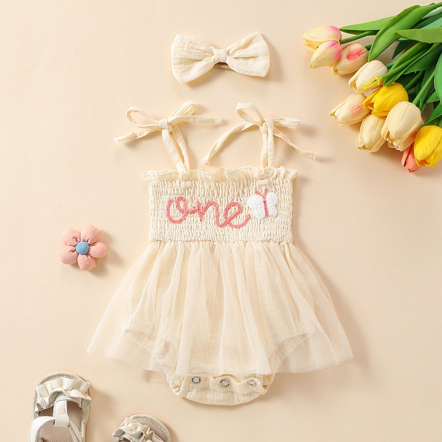 Towel Embroidery Mesh Slip Dress Bowknot Headband Two-piece Set - Cindi Book