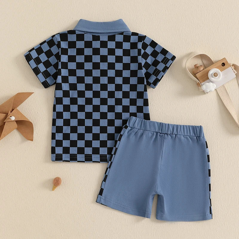 Boys' Lapel Plaid Short Sleeve T-shirt Shorts Set - Cindi Book