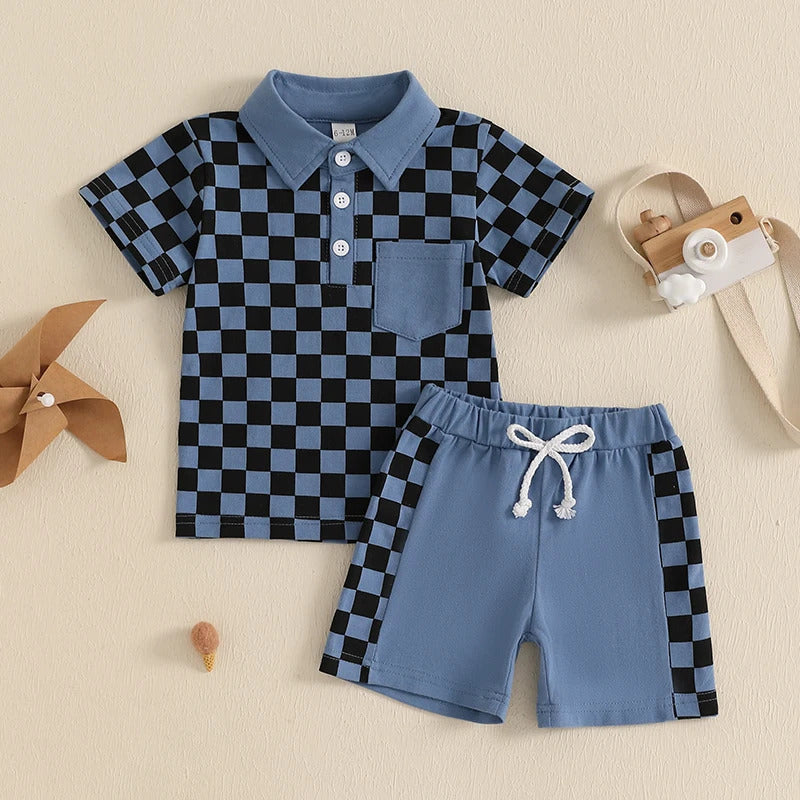 Boys' Lapel Plaid Short Sleeve T-shirt Shorts Set - Cindi Book