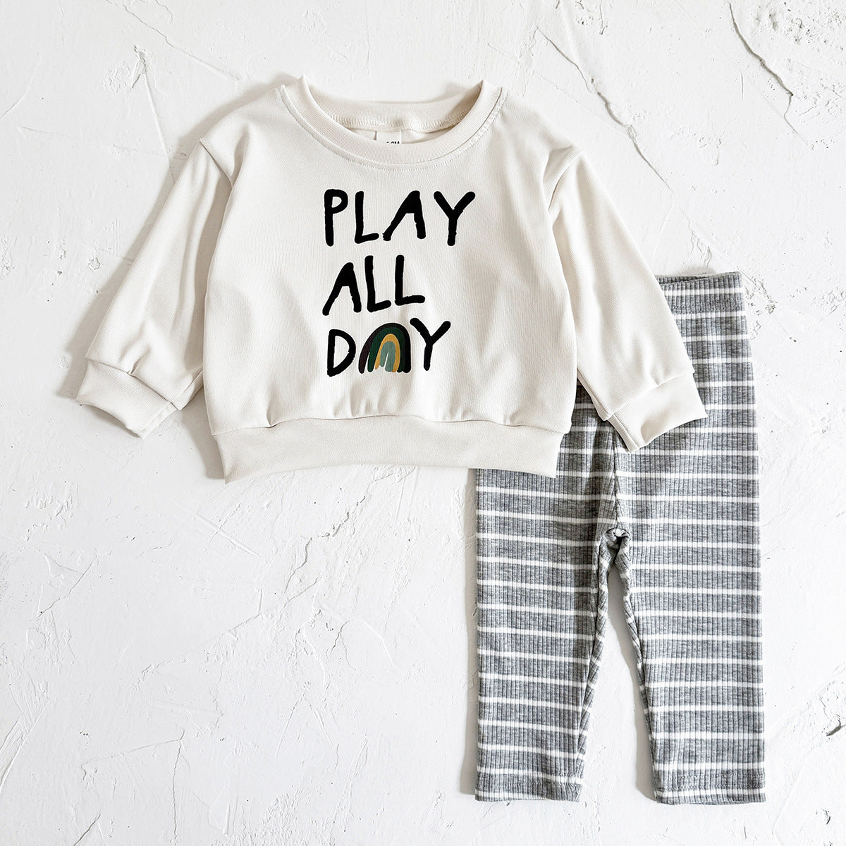 Loose Children's Clothing Letter Print Round Neck Long Sleeve Striped Trousers Suit - Cindi Book