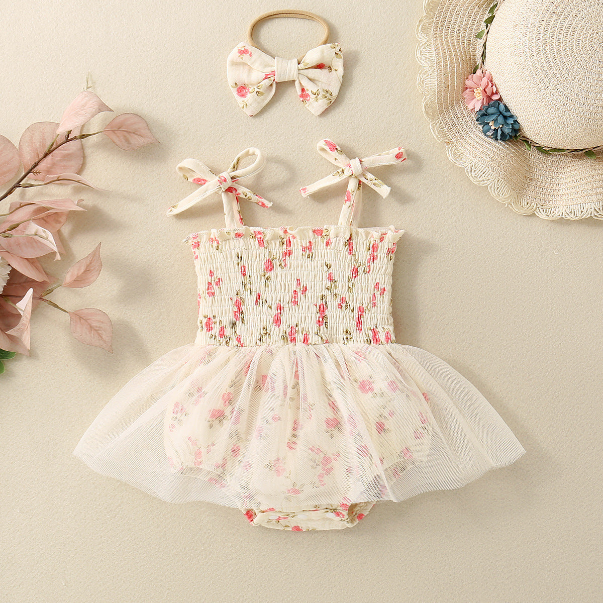 Baby Girl Flower Print Sling Triangle Rompers Tulle Skirt - Cindi Book