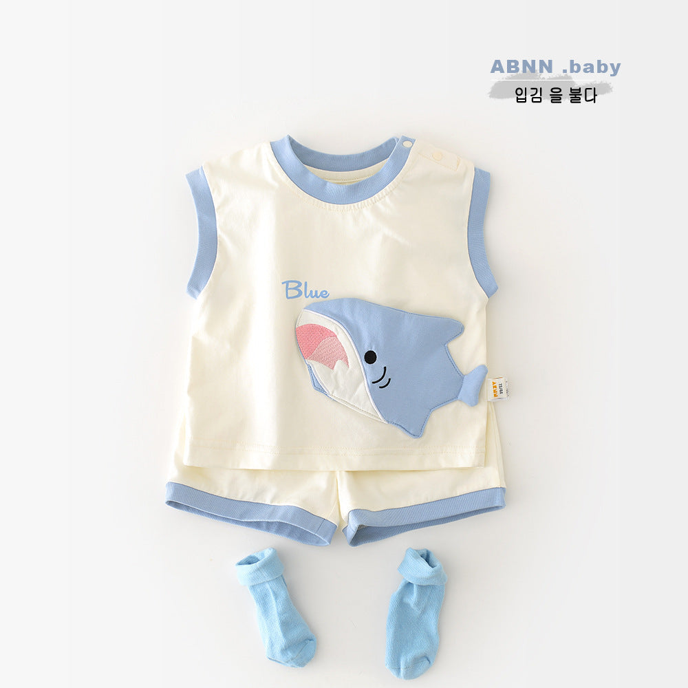 Boys and Girls Summer Cartoon Shark Vest Set