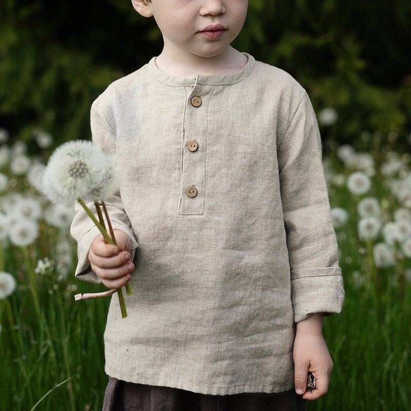 Boy Half-Open Collar Long Sleeve Cotton Linen Shirt