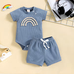Rainbow Waffle Four-color Side Button Short Sleeve Baby Bodysuit Shorts Suit - Cindi Book