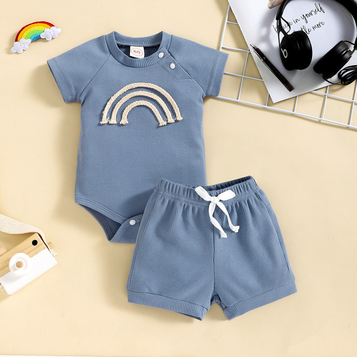 Rainbow Waffle Four-color Side Button Short Sleeve Baby Bodysuit Shorts Suit - Cindi Book