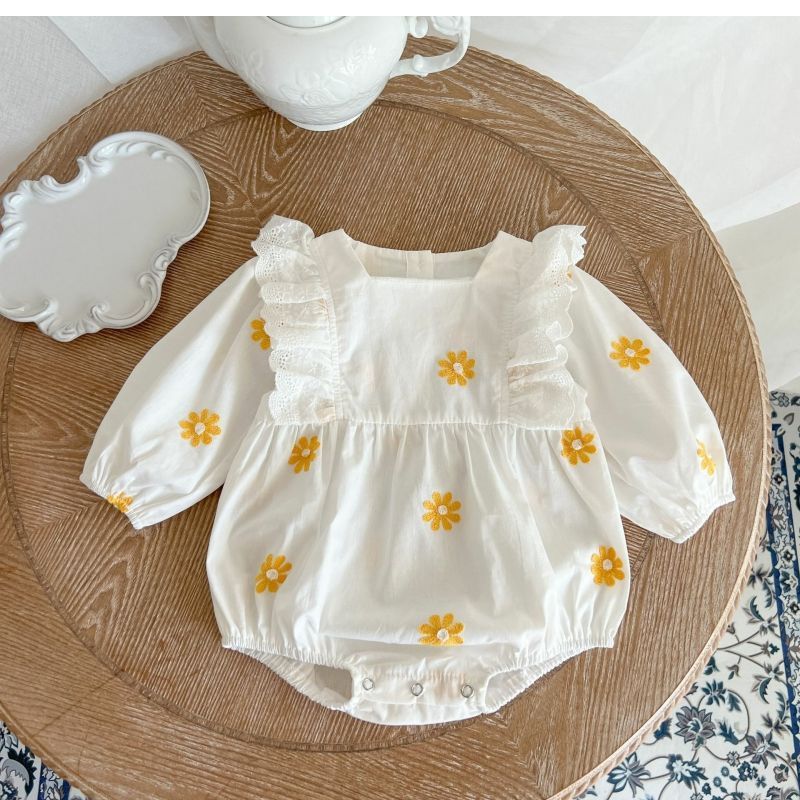 Sweet Daisies Embroidery Rompers Long Sleeve Onesie - Cindi Book
