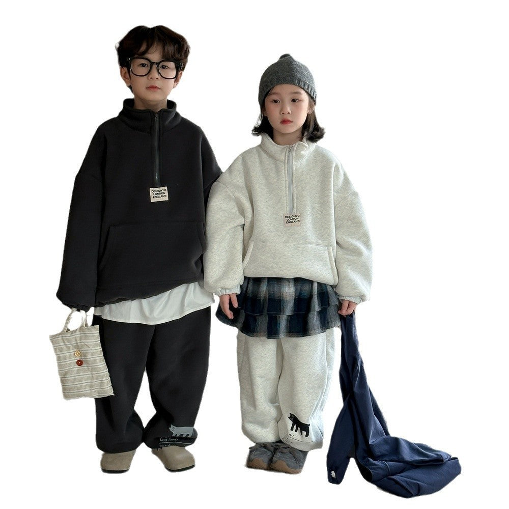 Winter Clothes For Boys And Girls Korean-style Labeling Half Zipper Two-piece Set - Cindi Book