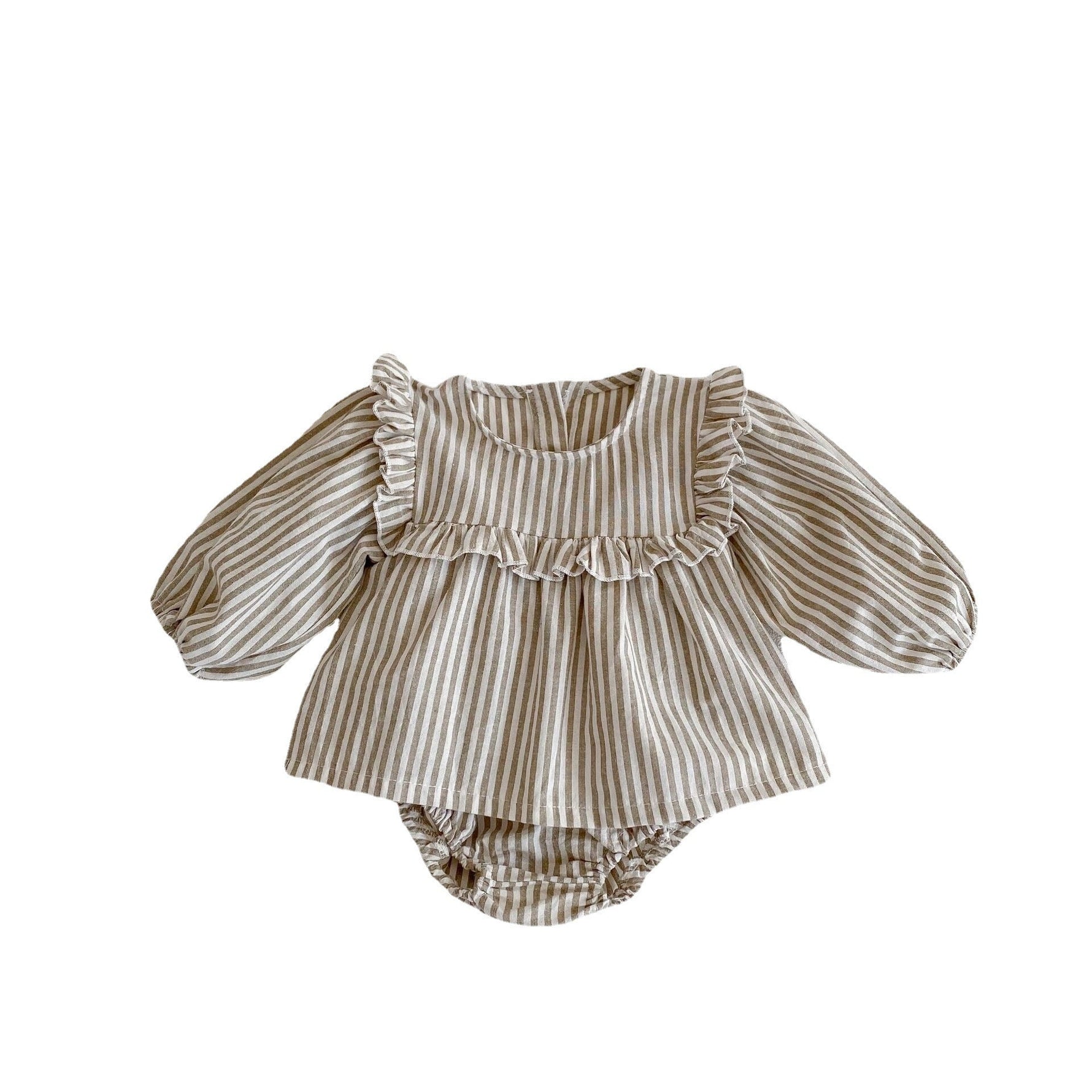 Cotton Baby Ruffle Collar Striped Long Sleeved Skirt Bread Pants Set - Cindi Book