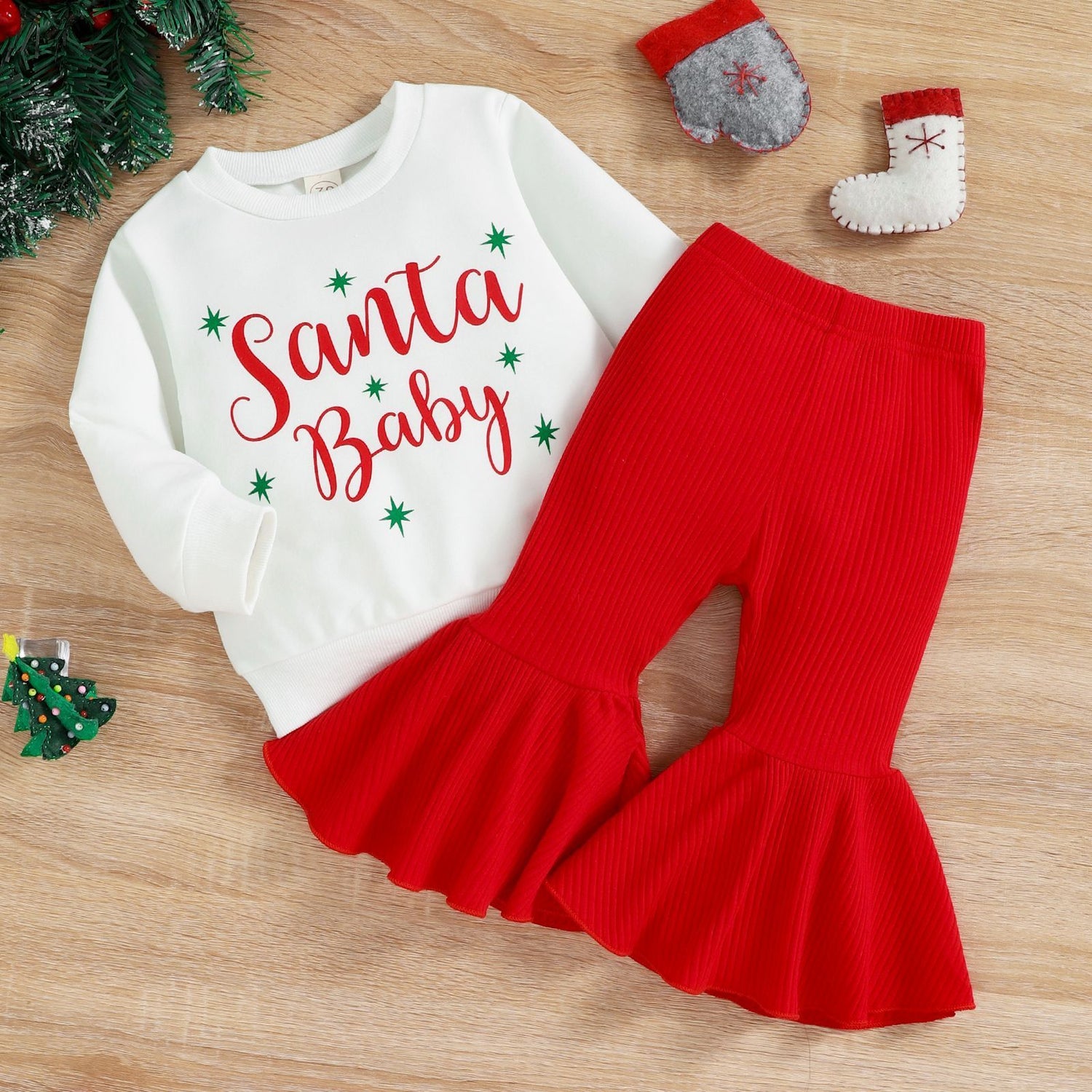Christmas Autumn and Winter Girl Letter Jumpsuit Velvet Stitching Plush Bell-Bottom Pants Children Set