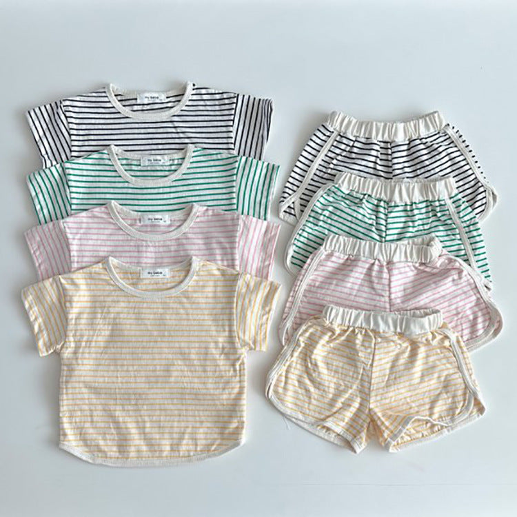 Breathable Stripes Homewear Short Sleeve Shorts Outwear Children's Clothing - Cindi Book