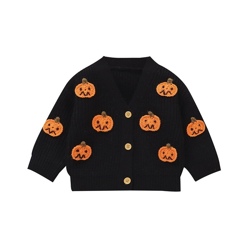 Baby Halloween Three-dimensional Pumpkin Pattern Knitted Long-sleeved V-neck Cardigan - Cindi Book