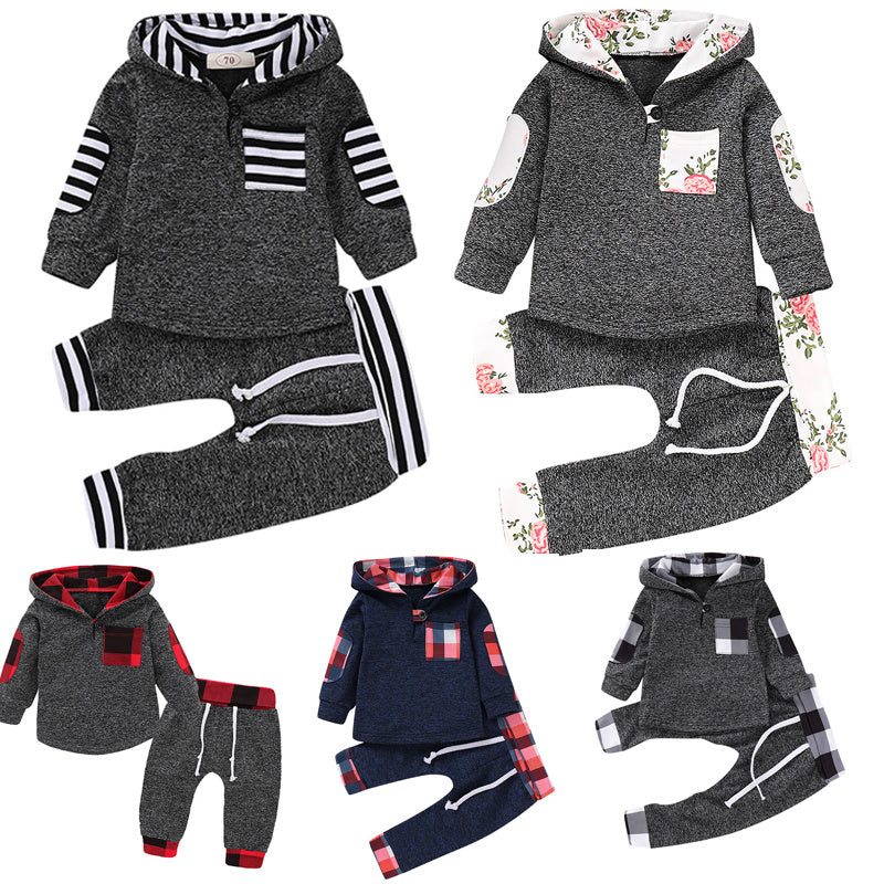 Multicolor Embroidery Plaid Plush Hoodie Set
