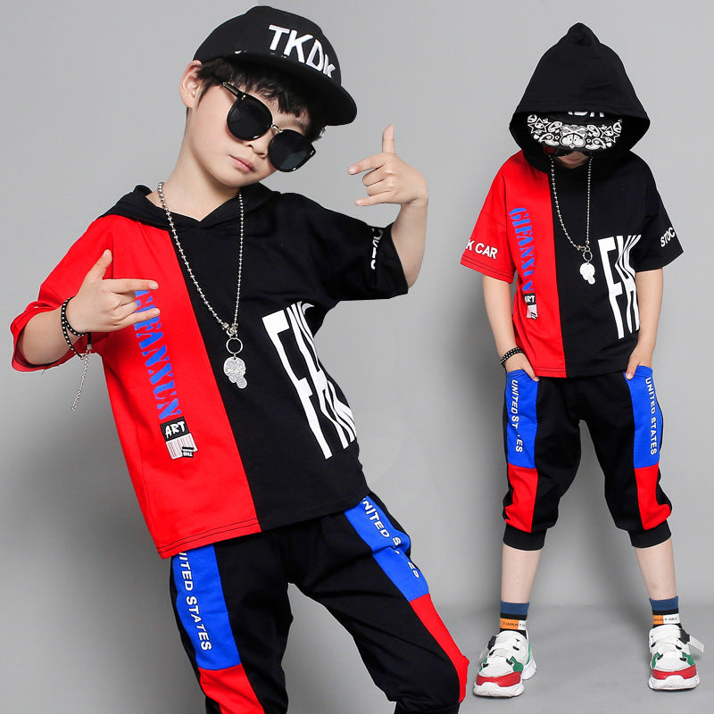 Children's clothing summer new boy short-sleeved suit in the big boy summer Korean version of the boy stitching sportswear tide - Cindi Book