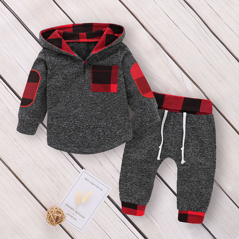 Multicolor Embroidery Plaid Plush Hoodie Set
