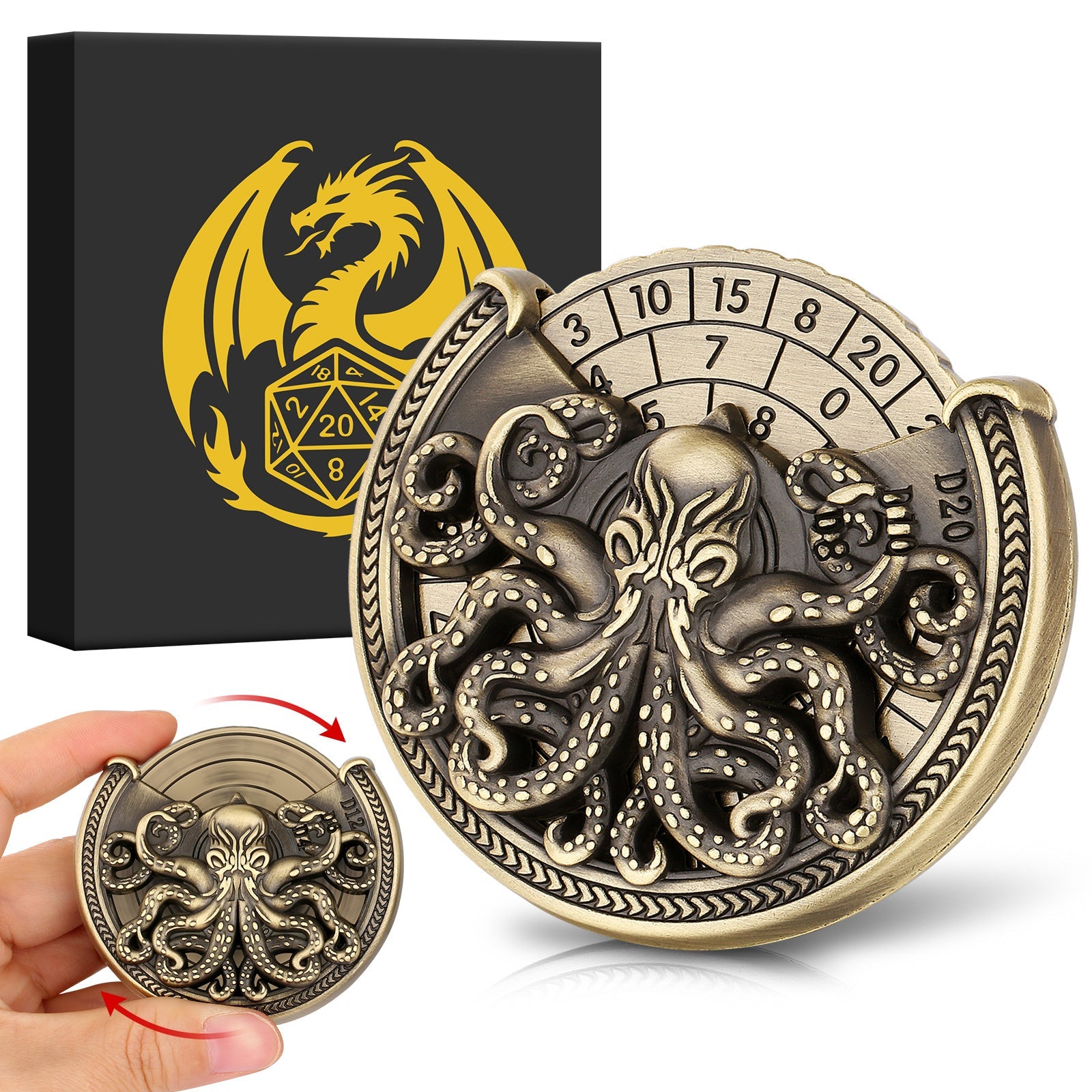 Vintage Kesulu Style, Super Refined Metal Octopus Dice Turntable Gift Box, Immersive Board Game Experience, D20 Random Surprise, Necessary Props For D&D Team - Cindi Book