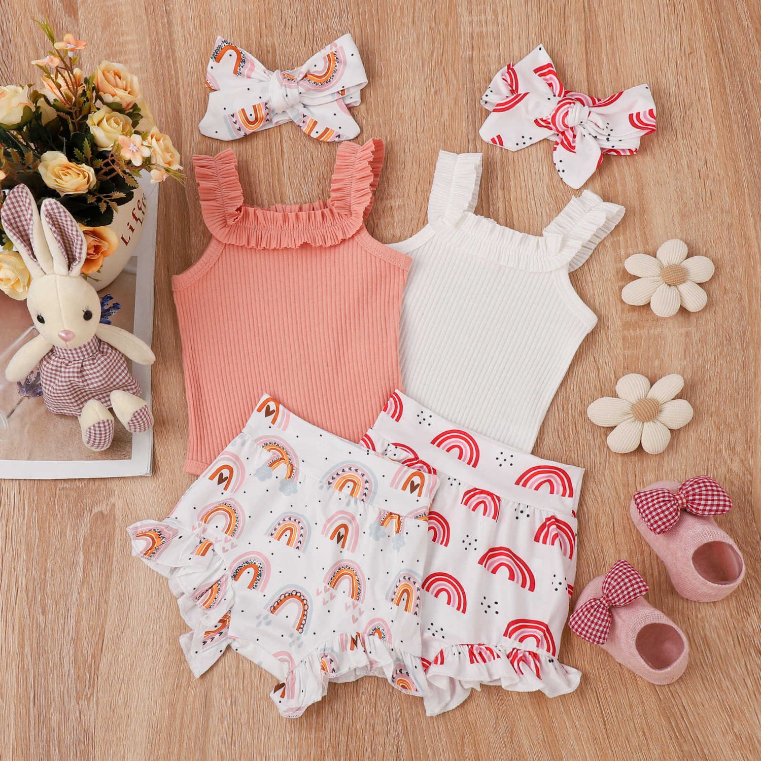 Girls' Fashion Sling Pit Striped Harness Printed Shorts Set - Cindi Book