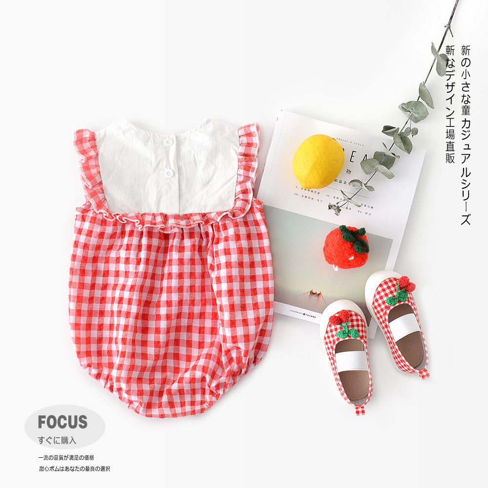Baby plaid lace sleeves baby triangle romper baby kite clothes - Cindi Book