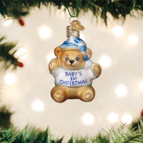 Old World Christmas Baby Boy's First Teddy Bear Ornament - hand-blown glass Christmas tree ornament