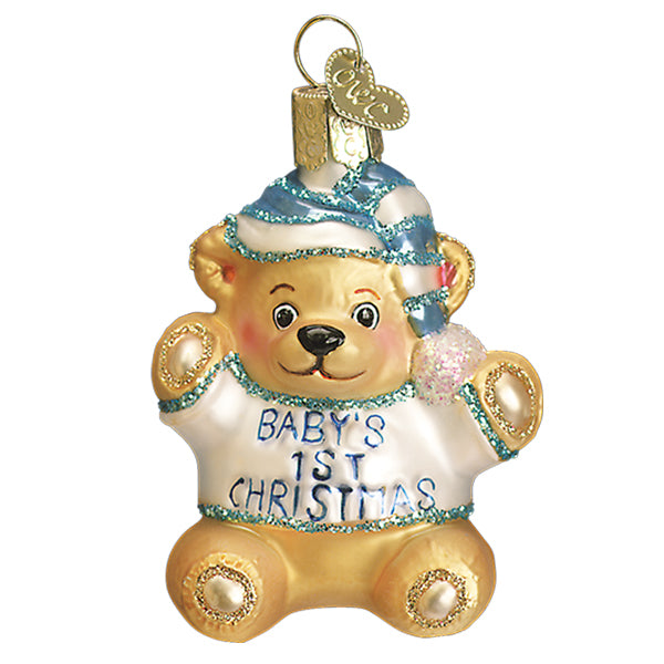 Old World Christmas Baby Boy's First Teddy Bear Ornament - hand-blown glass Christmas tree ornament (view 3)