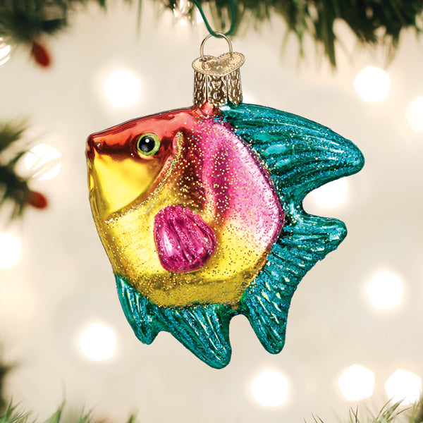 Old World Christmas Pink/yellow Tropical Angelfish Ornament - hand-blown glass Christmas tree ornament