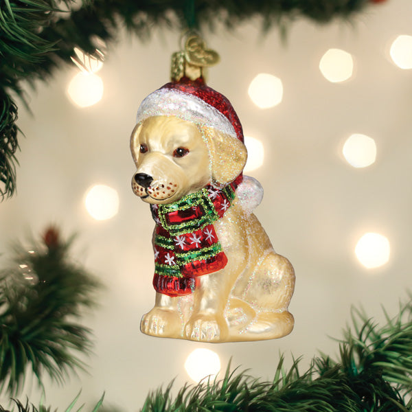 Old World Christmas Holiday Yellow Labrador Puppy Ornament - hand-blown glass Christmas tree ornament