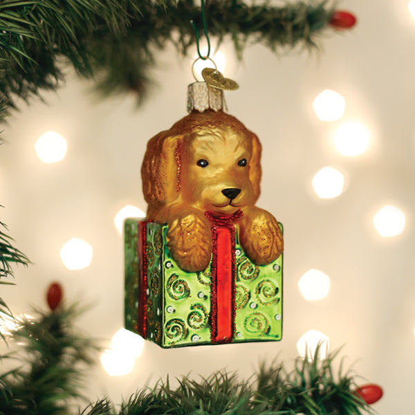 Old World Christmas Doodle Puppy Surprise Ornament - hand-blown glass Christmas tree ornament