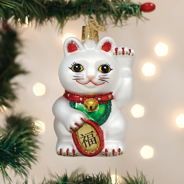 Old World Christmas Lucky Cat Ornament - hand-blown glass Christmas tree ornament