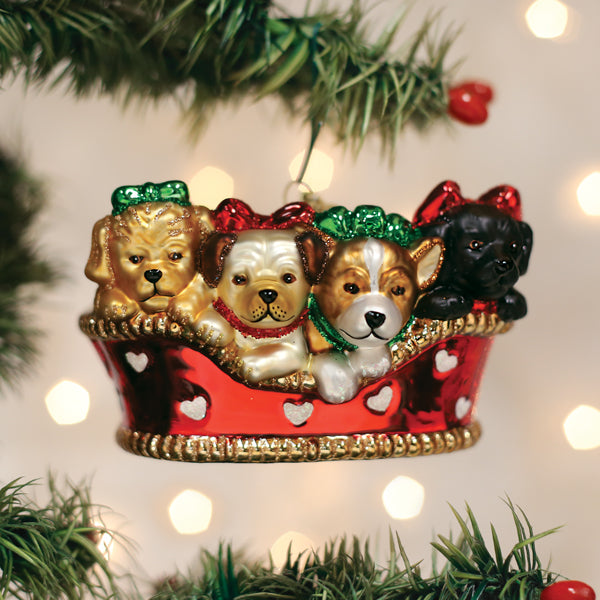 Old World Christmas Puppies In A Basket Ornament - hand-blown glass Christmas tree ornament